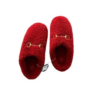 NWT Anthropologie Chic Red Cozy Sherpa Slippers w Gold Buckle SZ M (8-9)